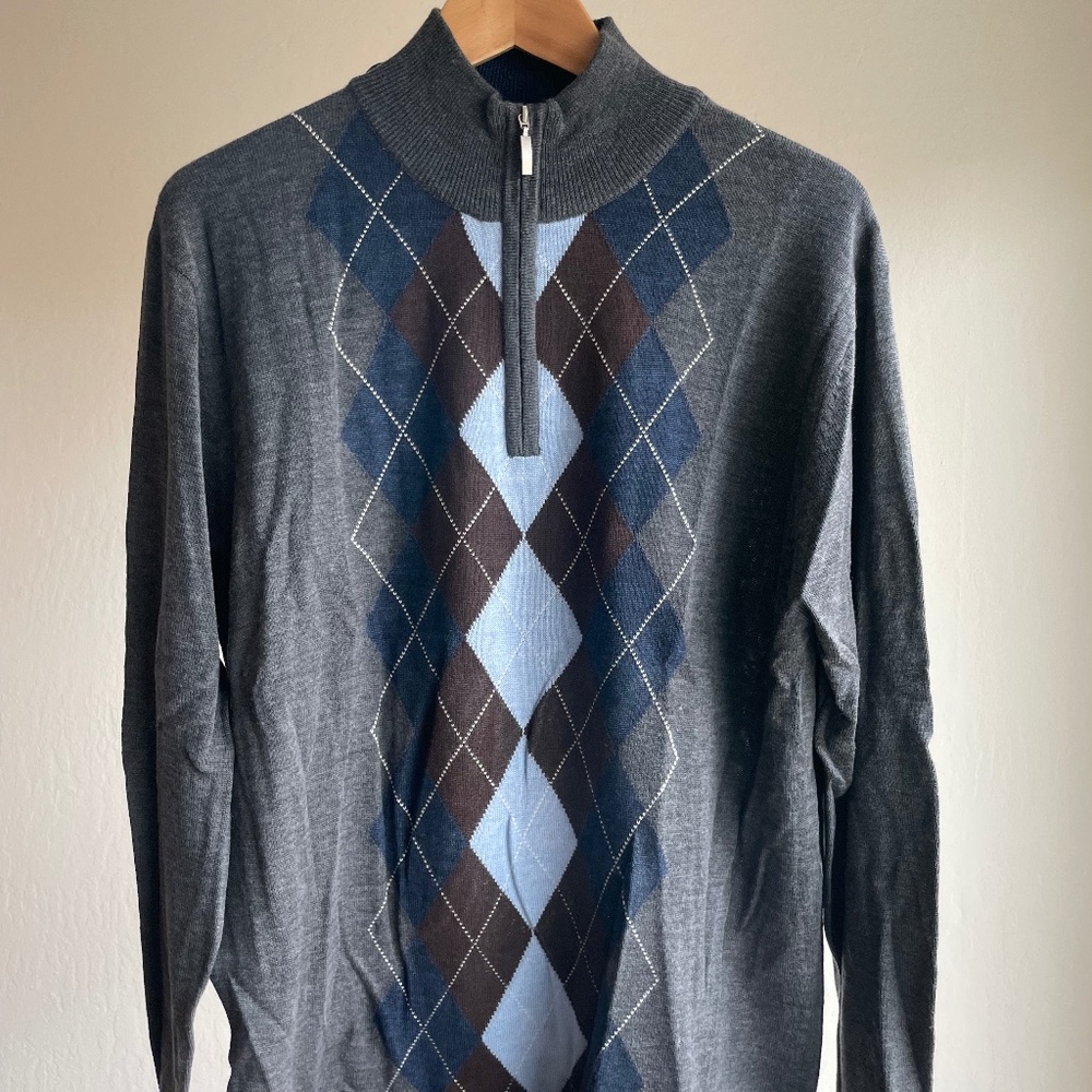 Men's Toscano Grey/Argyle Quarter-zip Lightweight Sweater